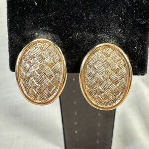Vintage Monet Gold Tone Oval Weave Pattern Clip On Earrings